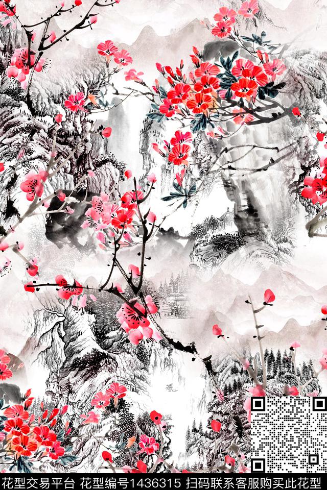 真丝中国风国画数码印花华亿平台下载（图片编号: 1436315） - 瓦栏（Walan）