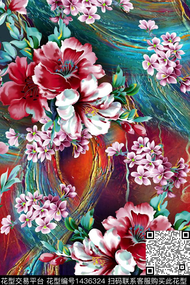 肌理抽象花卉大牌风数码印花华亿平台下载（图片编号: 1436324） - 瓦栏（Walan）