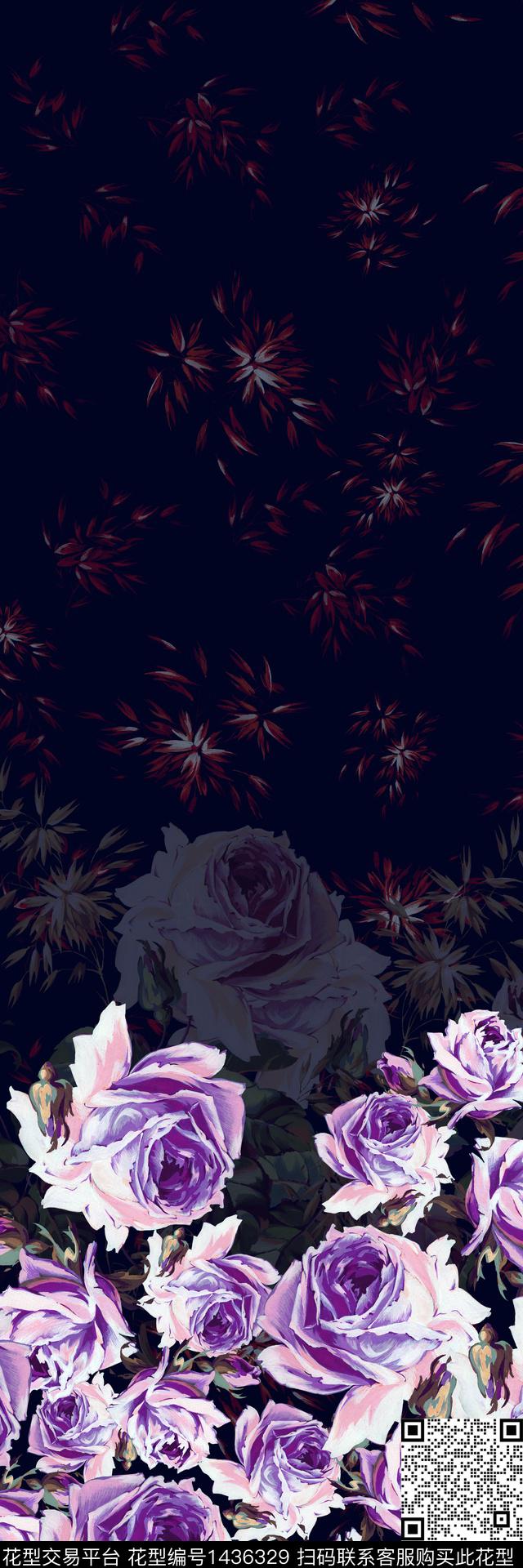 绿植树叶黑底花卉大牌风数码印花华亿平台下载（图片编号: 1436329） - 瓦栏（Walan）
