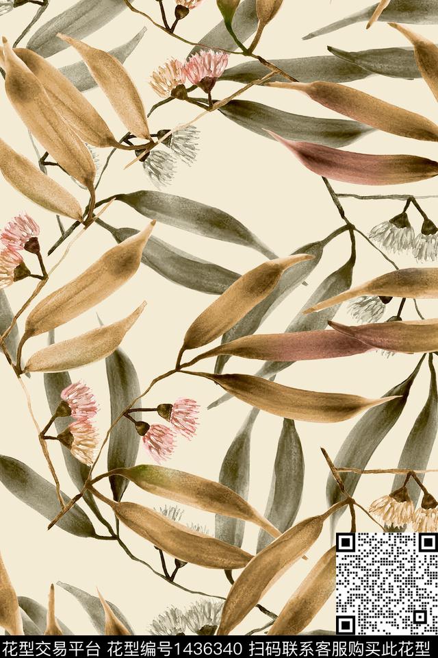 绿植树叶清爽底花卉花卉数码印花华亿平台下载（图片编号: 1436340） - 瓦栏（Walan）