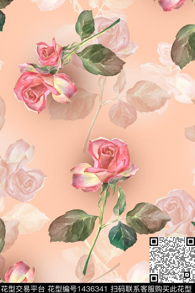 绿植树叶玫瑰花清爽底花卉数码印花华亿平台下载（图片编号: 1436341） - 瓦栏（Walan）