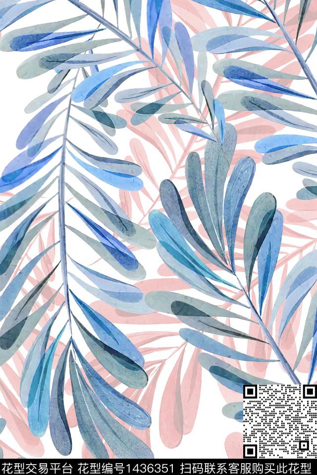 绿植树叶水彩大牌风数码印花华亿平台下载（图片编号: 1436351） - 瓦栏（Walan）