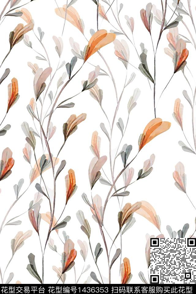 绿植树叶水彩大牌风数码印花华亿平台下载（图片编号: 1436353） - 瓦栏（Walan）