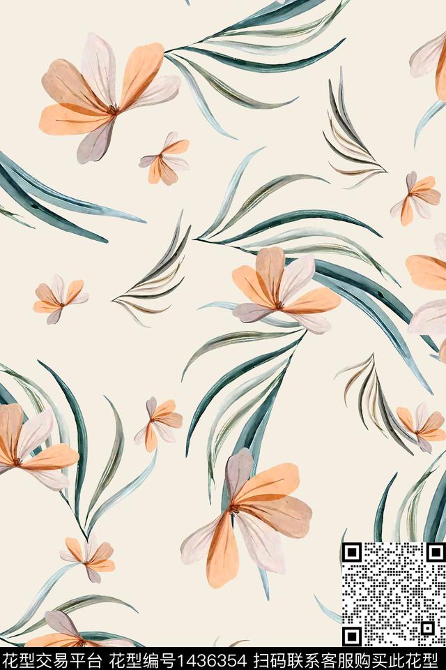 绿植树叶水彩大牌风数码印花华亿平台下载（图片编号: 1436354） - 瓦栏（Walan）
