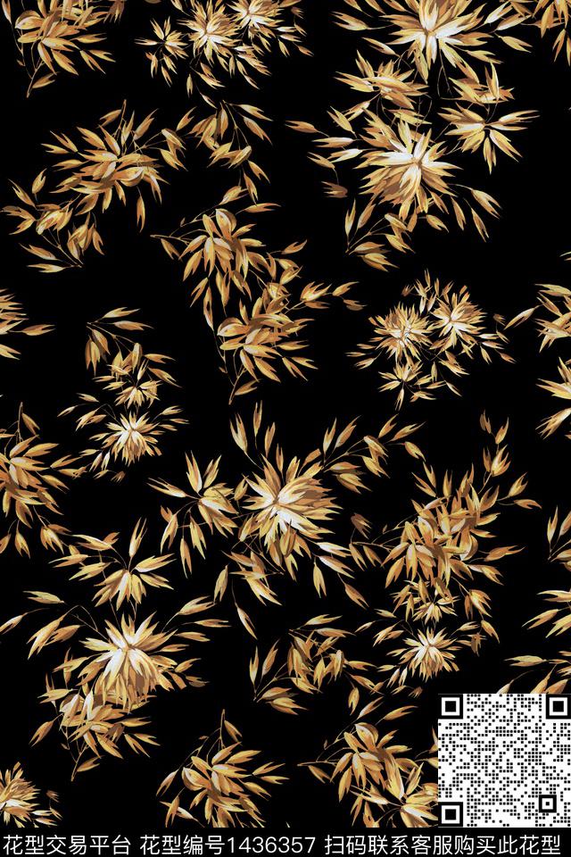 黑底花卉水彩麦穗数码印花华亿平台下载（图片编号: 1436357） - 瓦栏（Walan）