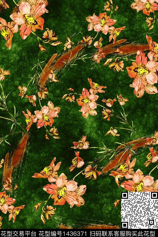 民族花卉写意绿色数码印花华亿平台下载（图片编号: 1436371） - 瓦栏（Walan）