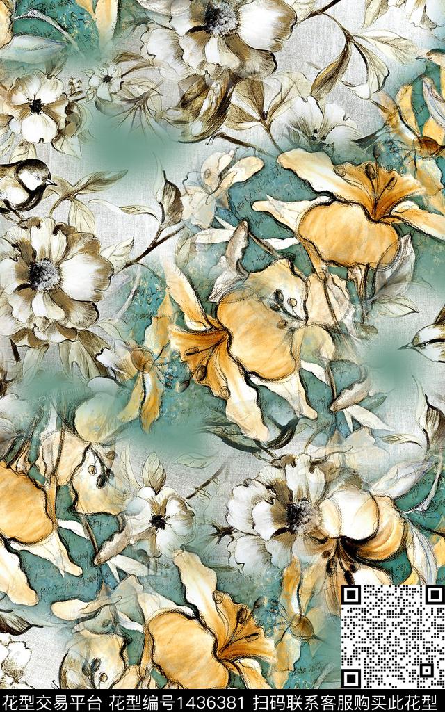 数码华亿平台抽象花卉花卉数码印花华亿平台下载（图片编号: 1436381） - 瓦栏（Walan）