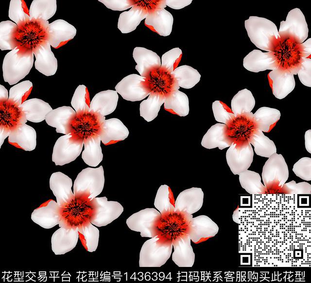 红花花卉黑底花卉数码印花华亿平台下载（图片编号: 1436394） - 瓦栏（Walan）