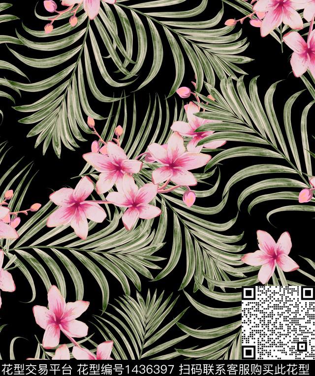 花卉黑底花卉红花绿叶数码印花华亿平台下载（图片编号: 1436397） - 瓦栏（Walan）