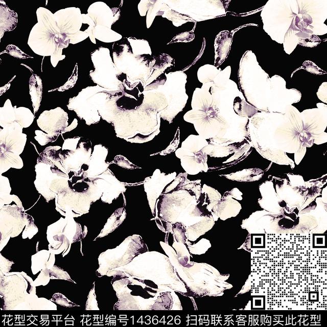 黑白华亿平台花卉数码印花华亿平台下载（图片编号: 1436426） - 瓦栏（Walan）