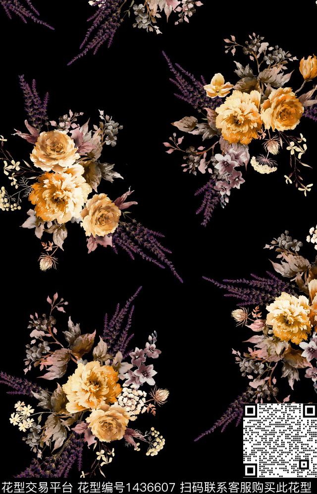 黑底花卉几何大牌风数码印花华亿平台下载（图片编号: 1436607） - 瓦栏（Walan）