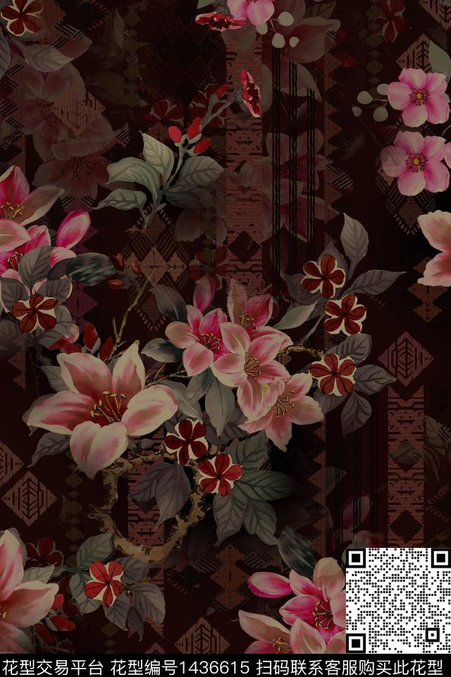 民族风花卉香云纱数码印花华亿平台下载（图片编号: 1436615） - 瓦栏（Walan）