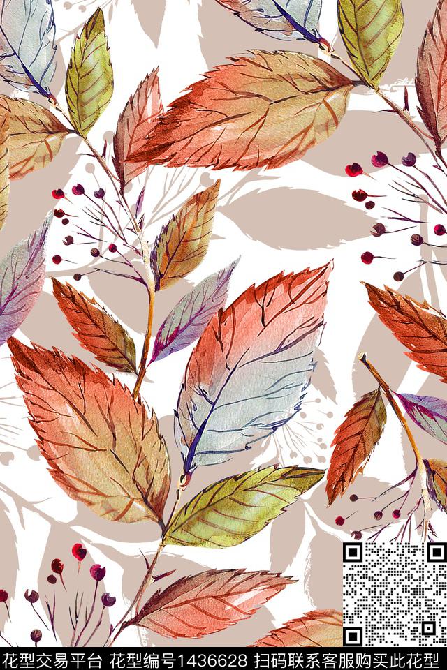绿植树叶水彩雪纺数码印花华亿平台下载（图片编号: 1436628） - 瓦栏（Walan）