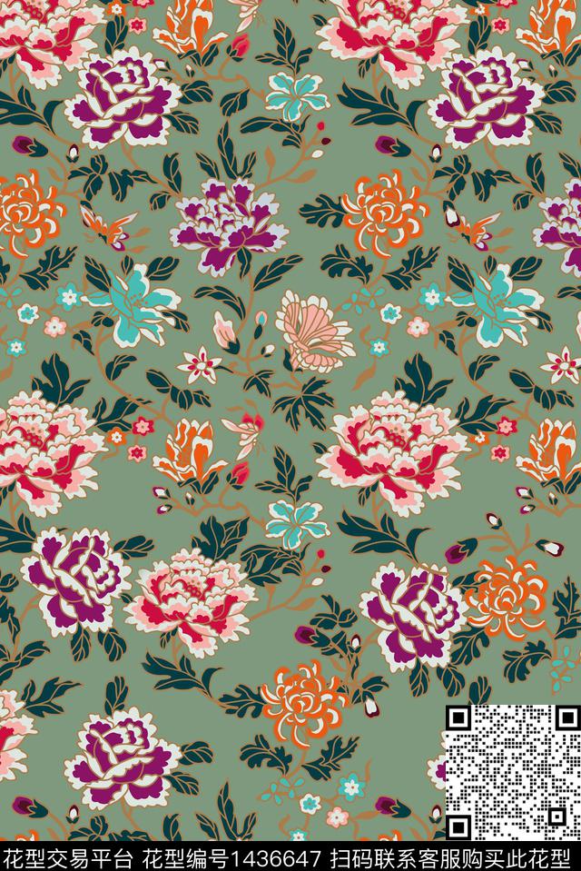 民族花卉旗袍大牌风数码印花华亿平台下载（图片编号: 1436647） - 瓦栏（Walan）