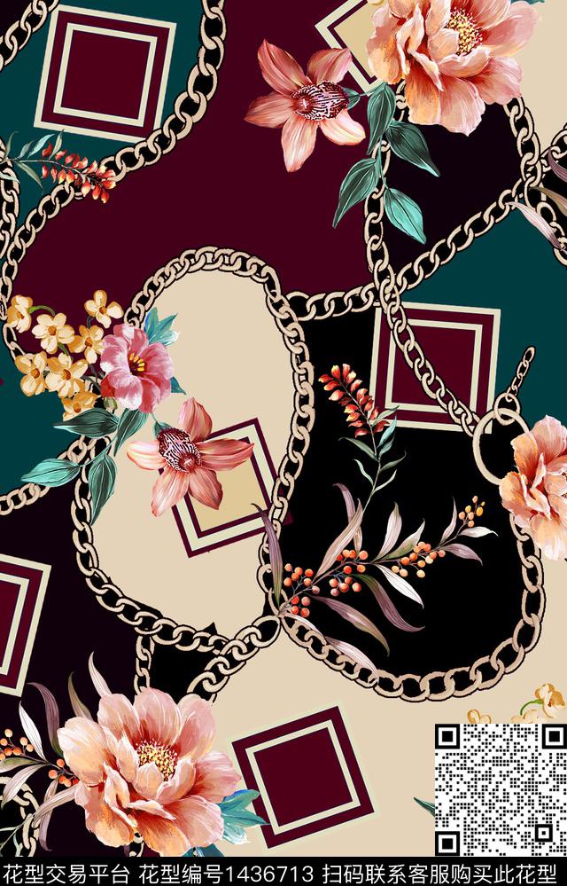 黑底花卉几何大牌风数码印花华亿平台下载（图片编号: 1436713） - 瓦栏（Walan）