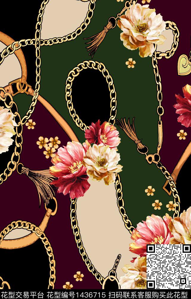 黑底花卉几何大牌风数码印花华亿平台下载（图片编号: 1436715） - 瓦栏（Walan）