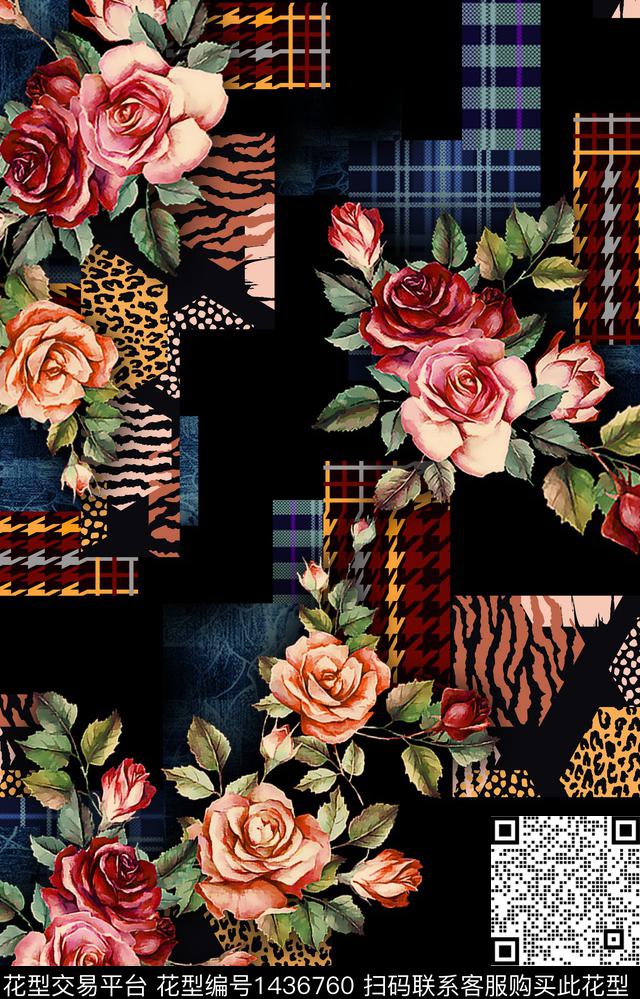 黑底花卉几何大牌风数码印花华亿平台下载（图片编号: 1436760） - 瓦栏（Walan）