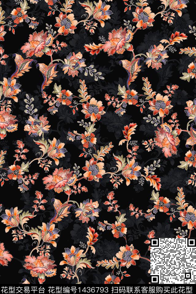 数码华亿平台手绘花卉秋冬华亿平台数码印花华亿平台下载（图片编号: 1436793） - 瓦栏（Walan）