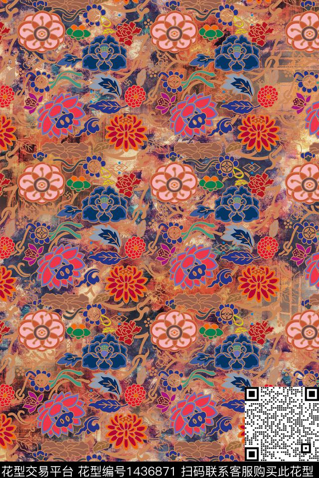 几何复古旗袍数码印花华亿平台下载（图片编号: 1436871） - 瓦栏（Walan）