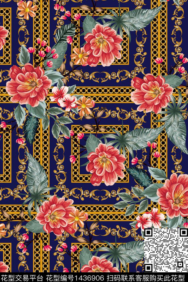 几何链条花卉数码印花华亿平台下载（图片编号: 1436906） - 瓦栏（Walan）