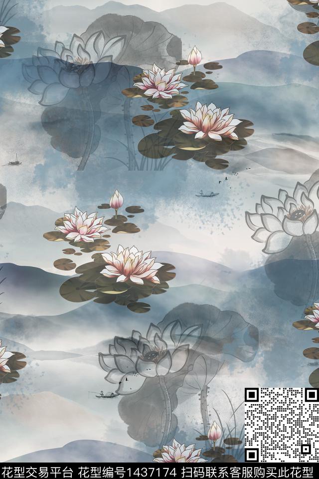 传统纹样水墨风花卉数码印花华亿平台下载（图片编号: 1437174） - 瓦栏（Walan）