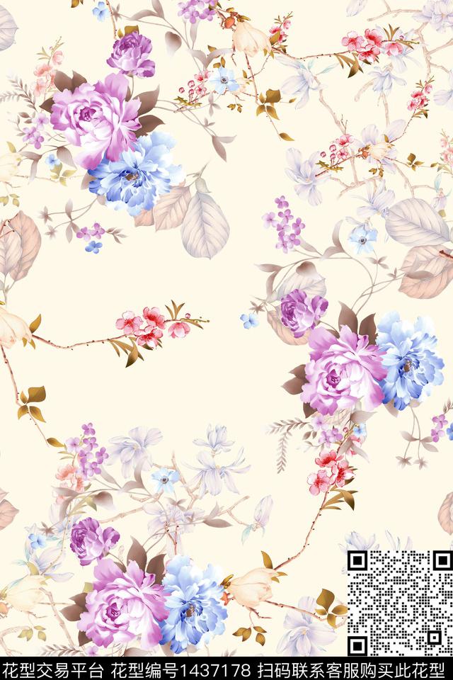 花卉小清新真丝数码印花华亿平台下载（图片编号: 1437178） - 瓦栏（Walan）