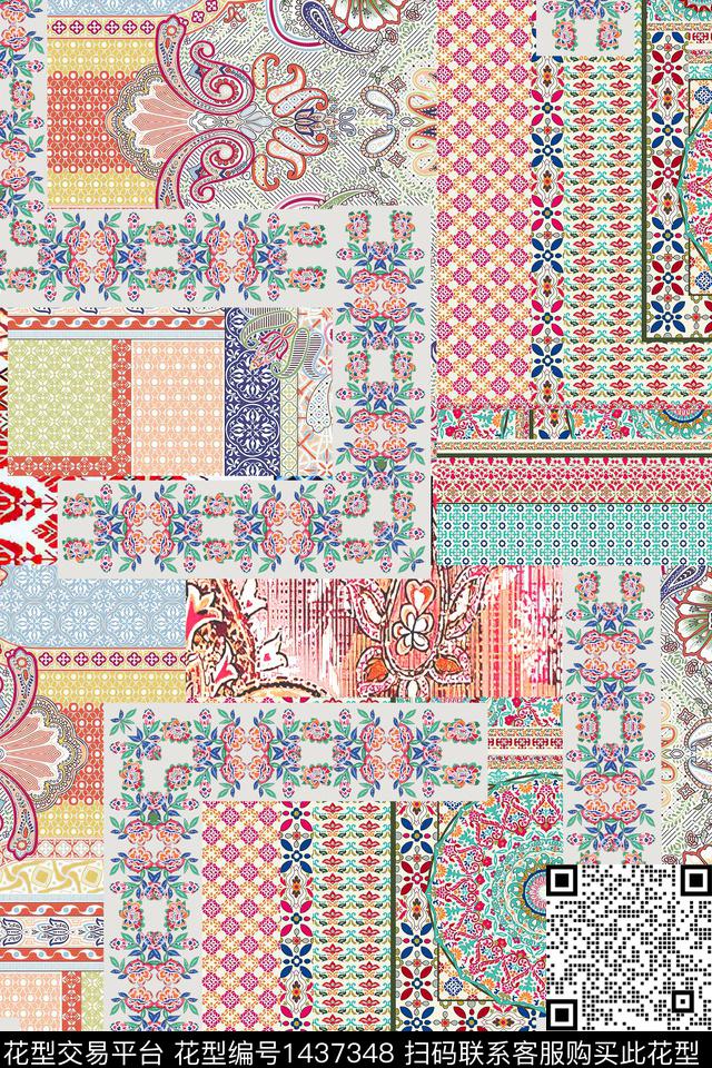 时尚真丝混合拼接数码印花华亿平台下载（图片编号: 1437348） - 瓦栏（Walan）