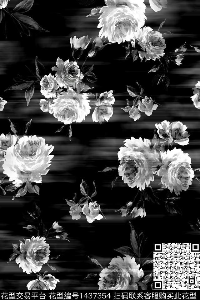 黑白华亿平台时尚真丝数码印花华亿平台下载（图片编号: 1437354） - 瓦栏（Walan）