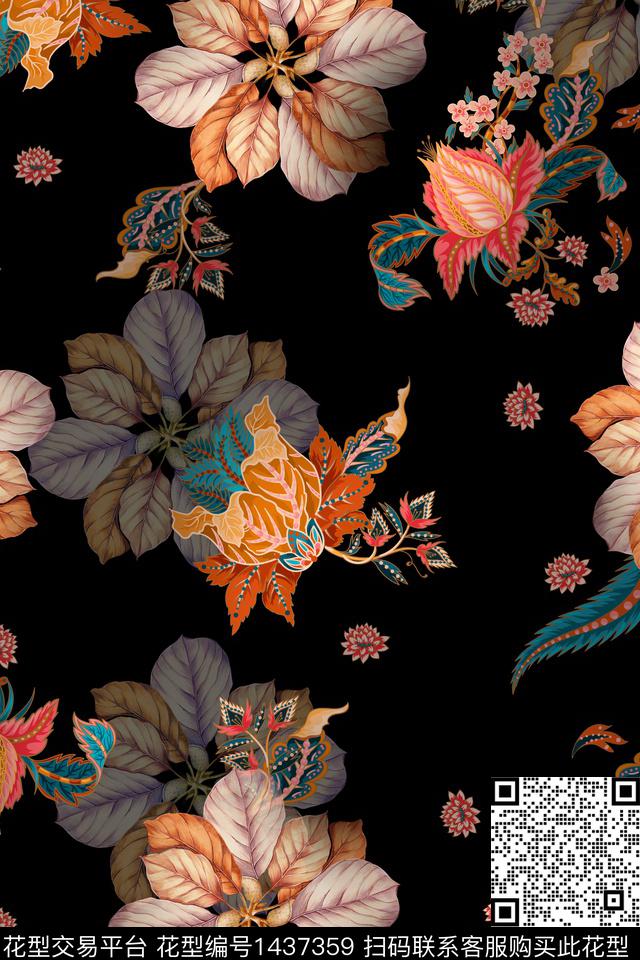 民族风花卉香云纱数码印花华亿平台下载（图片编号: 1437359） - 瓦栏（Walan）