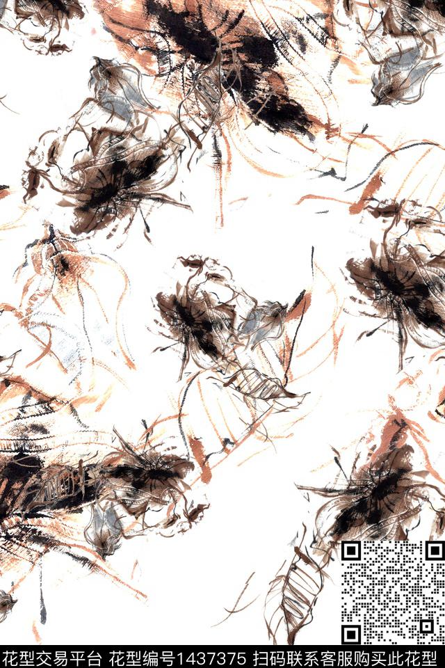 肌理水彩抽象花卉数码印花华亿平台下载（图片编号: 1437375） - 瓦栏（Walan）