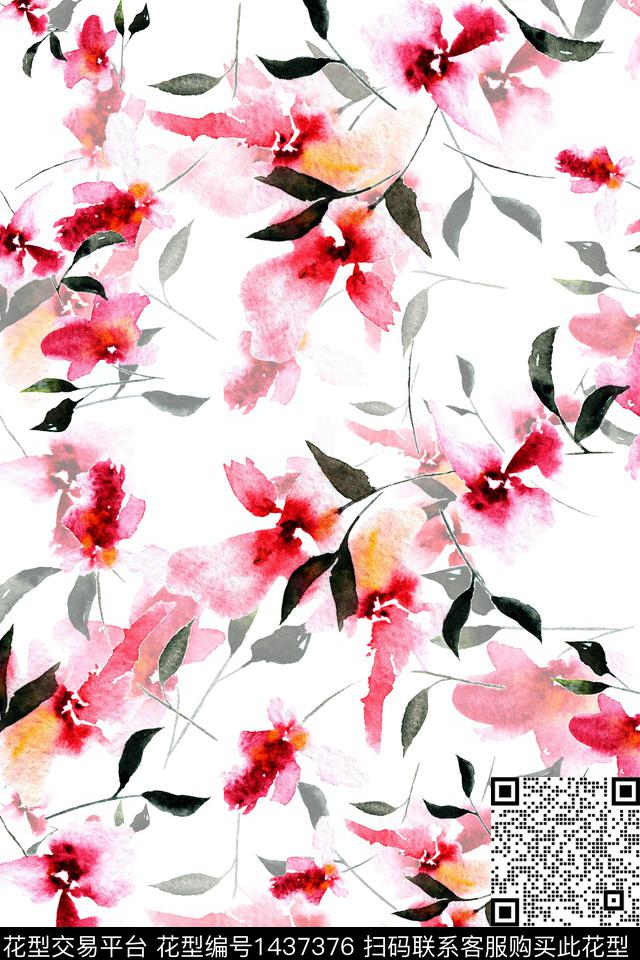 肌理水彩抽象花卉数码印花华亿平台下载（图片编号: 1437376） - 瓦栏（Walan）