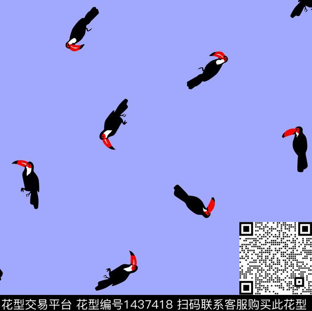 鸟手绘天蓝底传统印花华亿平台下载（图片编号: 1437418） - 瓦栏（Walan）