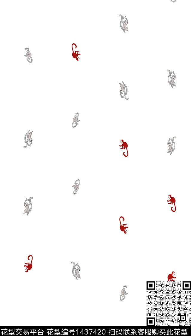 猴子手绘白底花传统印花华亿平台下载（图片编号: 1437420） - 瓦栏（Walan）