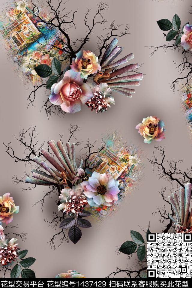 花卉抽象审数码印花华亿平台下载（图片编号: 1437429） - 瓦栏（Walan）