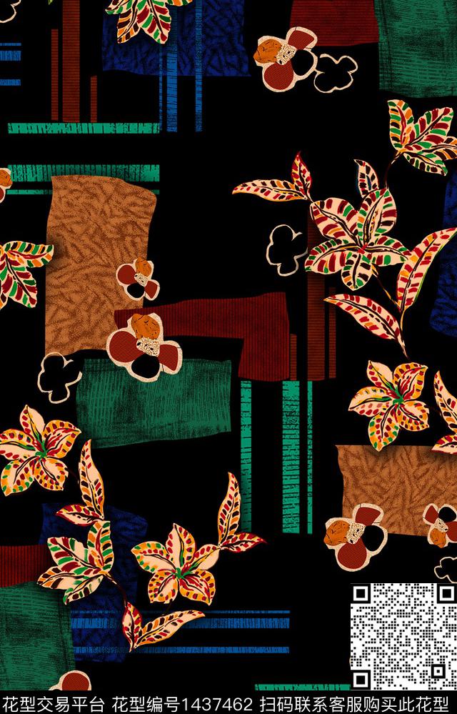 黑底花卉几何大牌风数码印花华亿平台下载（图片编号: 1437462） - 瓦栏（Walan）