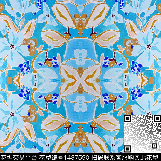 花卉抽象手绘花卉数码印花华亿平台下载（图片编号: 1437590） - 瓦栏（Walan）
