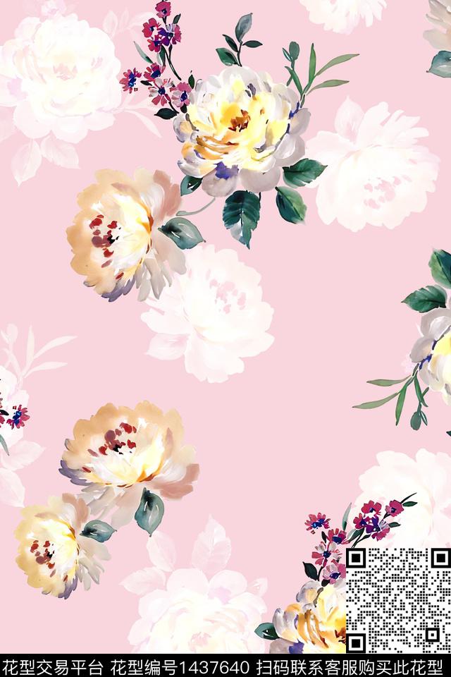 清爽底花卉小清新真丝数码印花华亿平台下载（图片编号: 1437640） - 瓦栏（Walan）