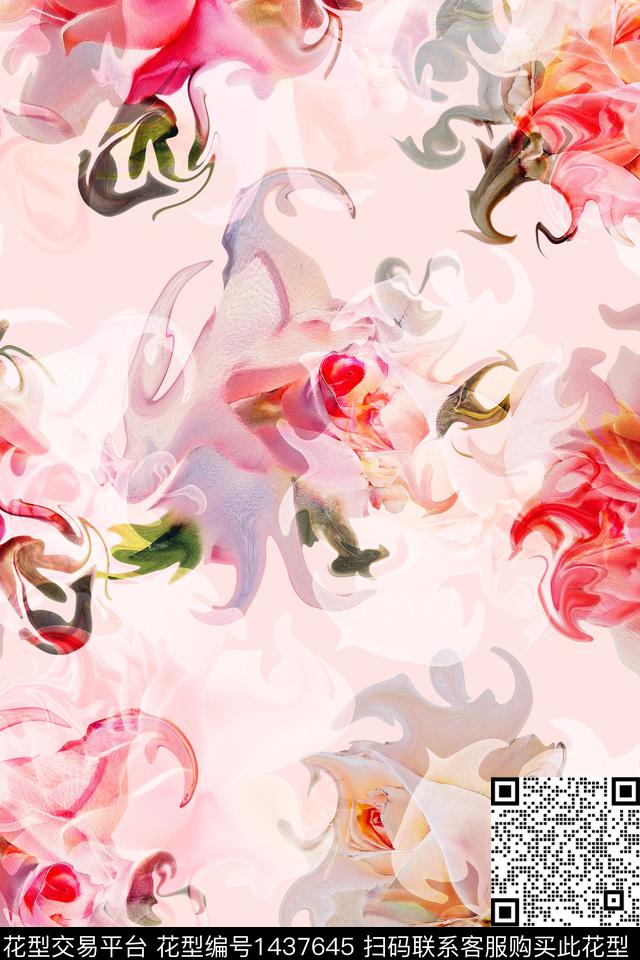 抽象花卉玫瑰花小清新数码印花华亿平台下载（图片编号: 1437645） - 瓦栏（Walan）