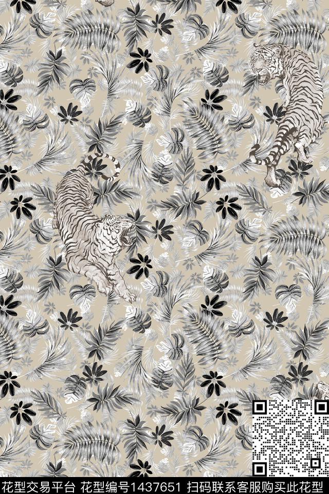时尚老虎花卉数码印花华亿平台下载（图片编号: 1437651） - 瓦栏（Walan）