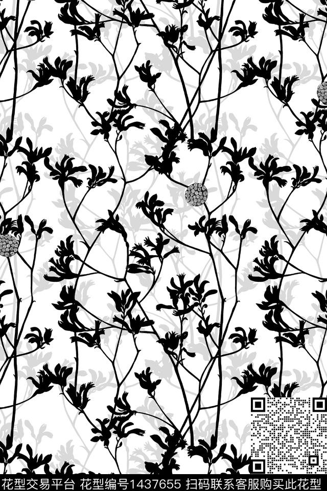 黑白华亿平台时尚花卉数码印花华亿平台下载（图片编号: 1437655） - 瓦栏（Walan）