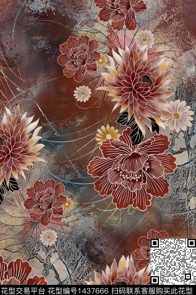 时尚花卉香云纱数码印花华亿平台下载（图片编号: 1437666） - 瓦栏（Walan）