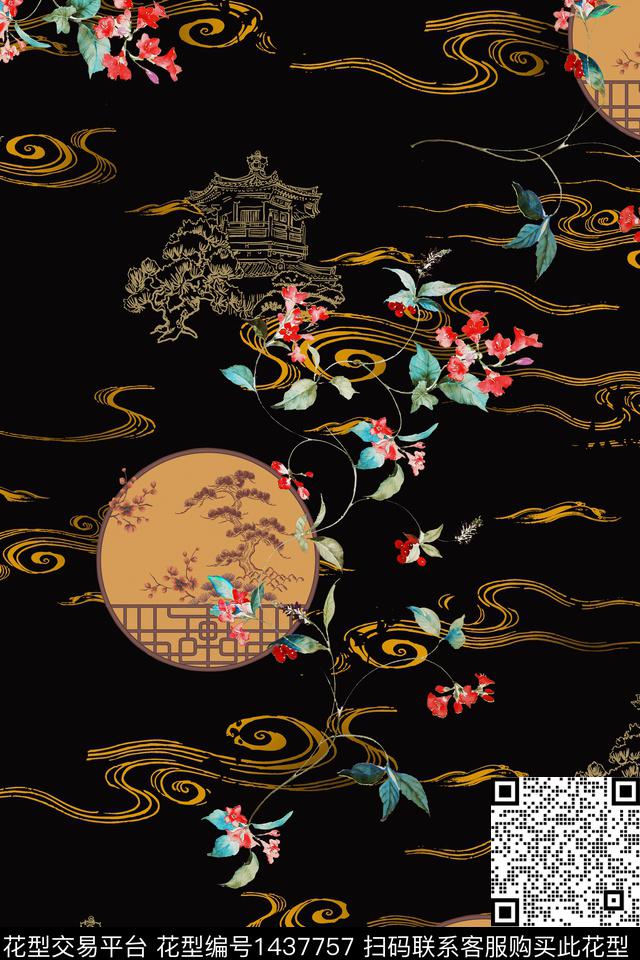 绿植树叶香云纱大牌风数码印花华亿平台下载（图片编号: 1437757） - 瓦栏（Walan）