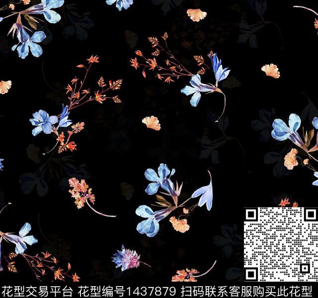 水彩花卉黑底花卉数码印花华亿平台下载（图片编号: 1437879） - 瓦栏（Walan）