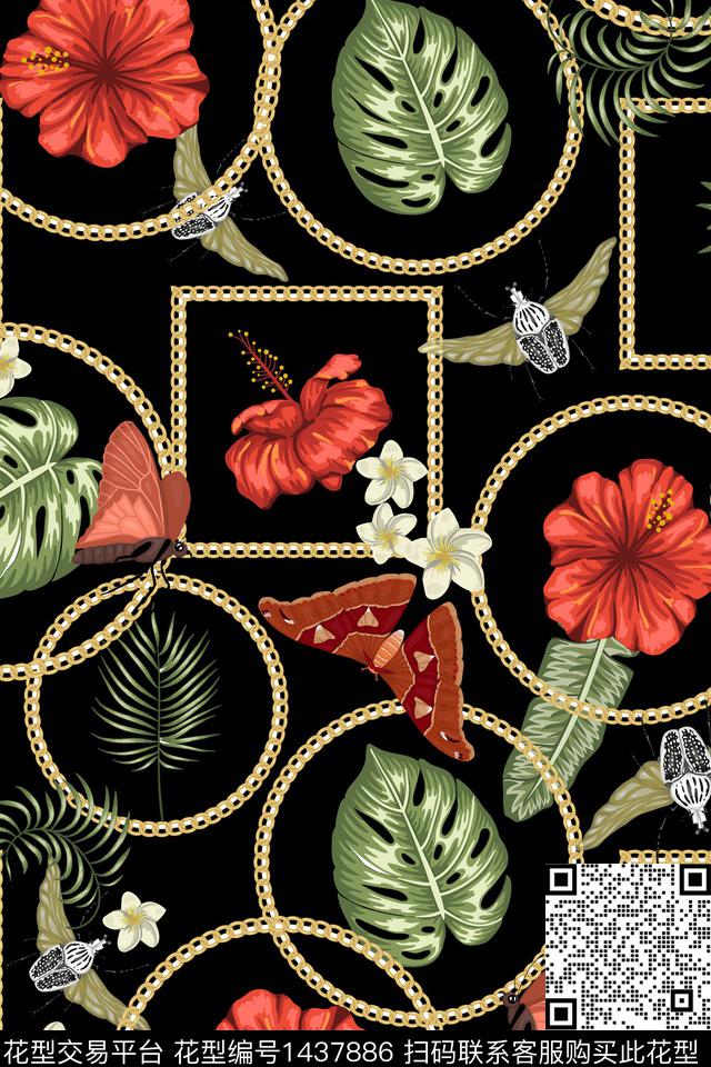 几何链条花卉传统印花华亿平台下载（图片编号: 1437886） - 瓦栏（Walan）