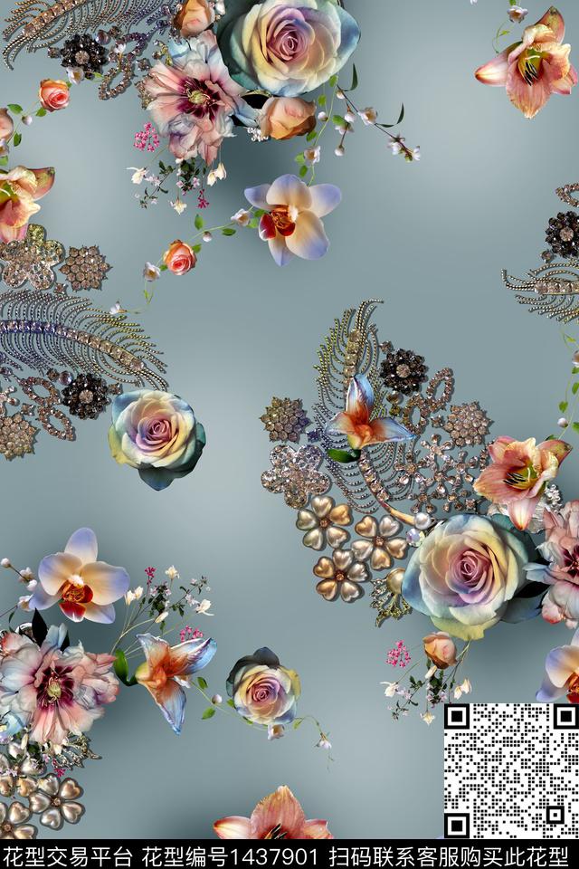 羽毛珠宝宝石花卉数码印花华亿平台下载（图片编号: 1437901） - 瓦栏（Walan）