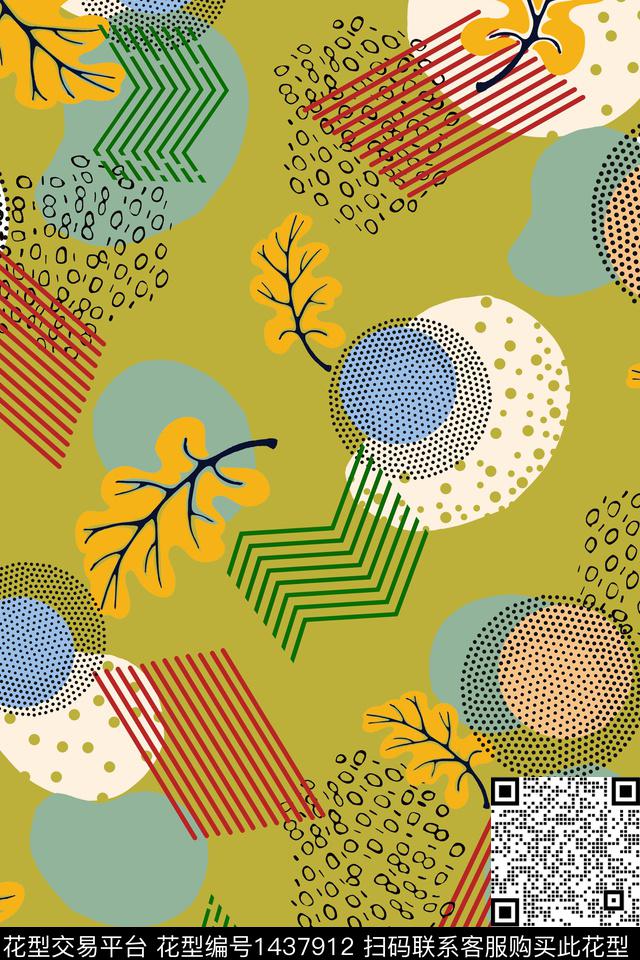 线条几何绿植树叶传统印花华亿平台下载（图片编号: 1437912） - 瓦栏（Walan）