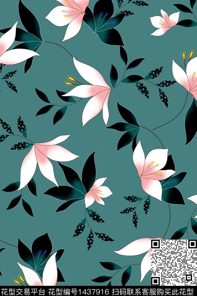 花卉大花满版散花数码印花华亿平台下载（图片编号: 1437916） - 瓦栏（Walan）