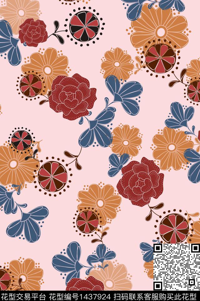 花卉大花满版散花数码印花华亿平台下载（图片编号: 1437924） - 瓦栏（Walan）
