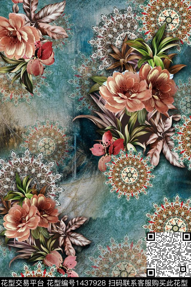 底纹民族风花卉数码印花华亿平台下载（图片编号: 1437928） - 瓦栏（Walan）