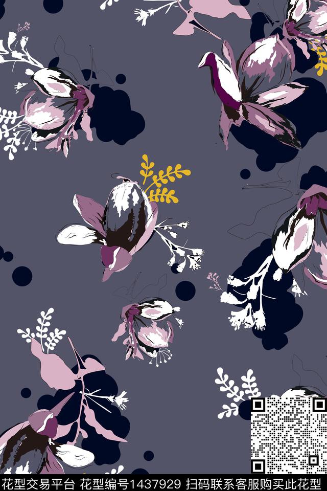 花卉大花满版散花数码印花华亿平台下载（图片编号: 1437929） - 瓦栏（Walan）